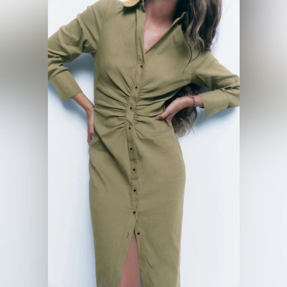 ZARA Khaki Green Midi Shirt Dress with Gold Buttons NWT